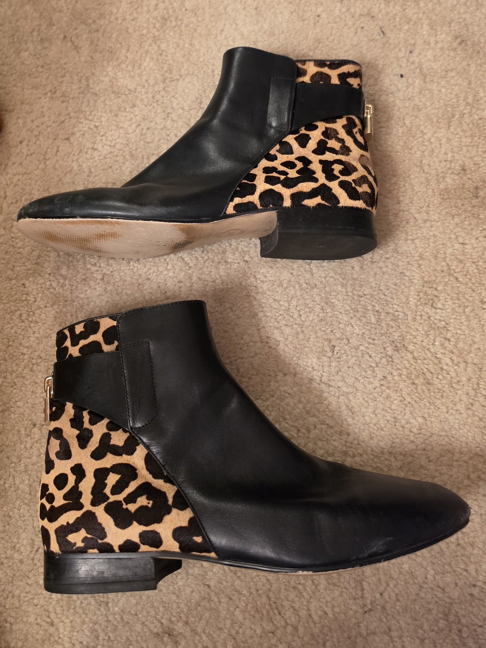 Michael Kors Black Leather Ankle Boots with Leopard Panels